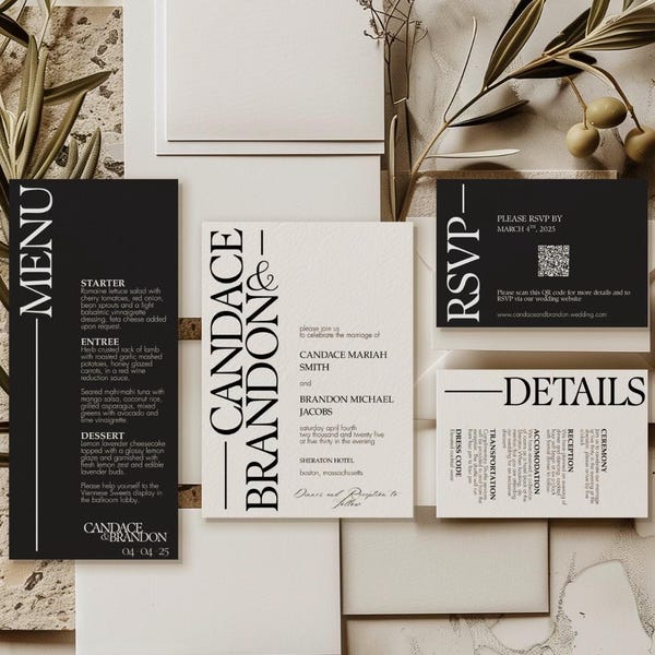 Candace: eenvoudige, moderne zwart-witte trouwkaartsuite: uitnodiging, details, RSVP en menukaarten inbegrepen. Canvassjabloon