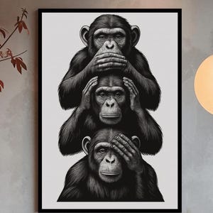 Póster de los Tres Monos Sabios: No ver, no oír, no hablar, ilustración en blanco y negro, decoración minimalista de animales para imprimir.