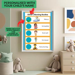 Tableaux visuels des routines matinales pour les enfants atteints de TDAH | Aide pour les tâches du matin au coucher et les sentiments | Bleu imprimable avec personnalisation
