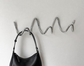 Silver Modern Wave Wall Hook | Minimalist Metal Coat Rack | Entryway Organizer Decor