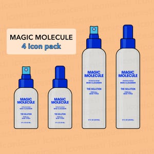 Könnte beinhalten: Vier blaue und weiße Flaschen Magic Molecule Antibakterieller Hautreiniger. Jede Flasche trägt den Text "Magic Molecule" und "The Solution for All Skin Types". Die Flaschen sind 8 fl oz (236 ml).