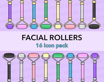 Facial Roller Icon Pack | 16 PNGs – Pastel Rollers with Gold & Silver Trim | Digital Illustration Download