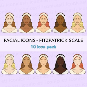 Facial Icon Pack | 10 Skincare Illustrations in Fitzpatrick Skin Tones | Blonde Brunette Redhead Bundle | Esthetician Digital Download PNGs