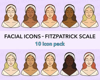 Facial Icon Pack | 10 Skincare Illustrations in Fitzpatrick Skin Tones | Blonde Brunette Redhead Bundle | Esthetician Digital Download PNGs