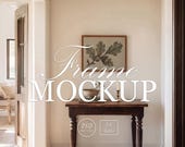 Walnut Frame Mockup: Sunlit Entryway With Vintage Console and Botany Books, Realistic PSD Template, Photoshop Photopea Smart Object 5x4