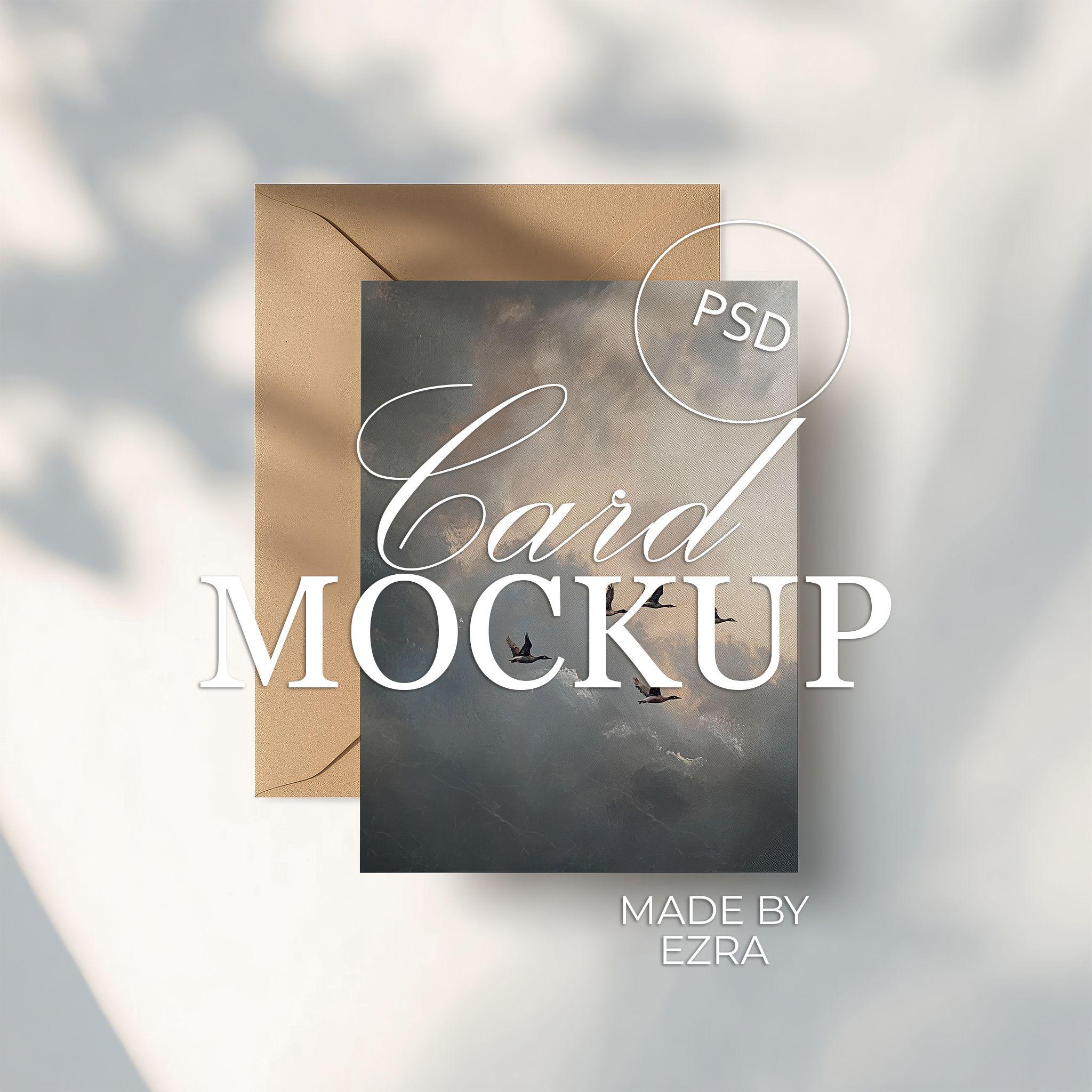 Schlichte Karte & brauner Umschlag Mockup, Minimal Briefpapier Mockup, Hochzeitseinladung Mockup, Grußkarte Mockup, PSD JPG Photoshop Smart Objekt