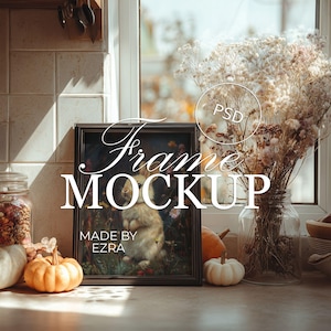 Rustic Fall Kitchen Frame Mockup, Vertical Autumn Mockup with Pumpkins, Cozy Window Light Display, Photoshop PSD JPG Smart Object Template