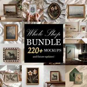 May include: A digital collection of 220+ mockups featuring various framed art prints, including landscapes, botanical illustrations, and animal portraits, displayed in diverse interior settings with a central black graphic text overlay.