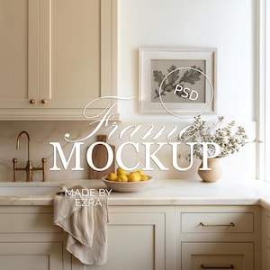 Maqueta de marco de cocina horizontal, interior minimalista de mármol crema, maqueta de marco de madera clara de 4x5, maqueta de arte de pared de cocina con estilo, PSD JPG