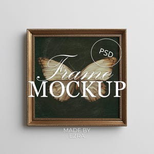 Mockup di cornice quadrata dorata, elegante espositore da parete minimalista, cornice per poster vintage decorata 1x1, oggetto avanzato PSD JPG per Photoshop e Photopea