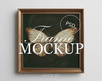 Gold Square Frame Mockup, Elegant Minimal Wall Art Display, 1x1 Vintage Ornate Poster Frame, PSD JPG Smart Object for Photoshop & Photopea