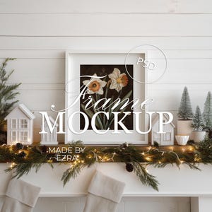 Christmas Frame Mockup, Holiday Mantel Scene, Winter Wall Art Display, 4x5 Matted White Frame Mockup, PSD JPG Smart Object for Photoshop
