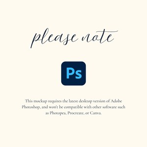 May include: Cream-colored background with the words "please note" in cursive script. A dark blue square with the letters "Ps" in light blue is centered below the text. The text below states this mockup requires the latest desktop version of Adobe Photoshop.
