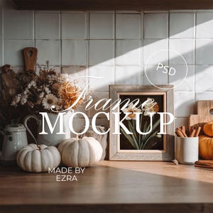 Autumn Kitchen Frame Mockup, Fall Season Vertical Mockup with Pumpkins and Flowers, Photoshop PSD JPG Smart Object Template for Wall Art