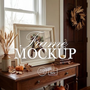 Mockup di cornice color crema effetto invecchiato: ingresso autunnale con paesaggio inclinato, modello PSD realistico, oggetto avanzato Photoshop Photopea 5x4