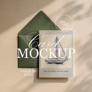 Enkel kort- och grönt kuvertmodell, minimalistisk brevpappersdisplay för bröllopsinbjudningar och gratulationskort, Photoshop PSD JPG Smart Object