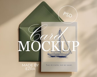 Simple Card & Green Envelope Mockup, Minimal Stationery Display for Wedding Invitations and Greeting Cards, Photoshop PSD JPG Smart Object
