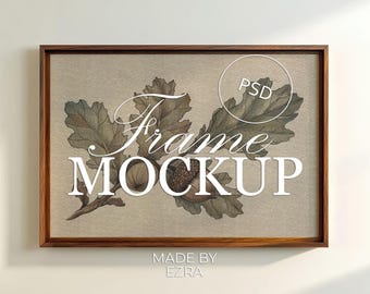 Maqueta de marco de madera de nogal oscuro, maqueta de póster de madera natural de 2x3, plantilla minimalista para exhibición de arte mural, objeto inteligente PSD JPG para Photoshop
