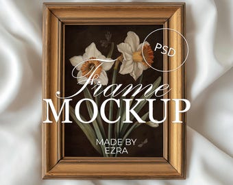 Minimal Wood Frame Mockup, Natural Wooden Display with Fabric, Rustic Poster Mockup Scene, 3x4 Photoshop Smart Object JPG Art Display