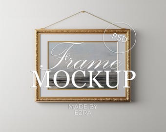 Luxury Gold Frame Mockup, Elegant Hanging Frame Mockup, 2x3 Gold Frame with Mat Border, Ornate Gold Frame, PSD Smart Object for Photoshop