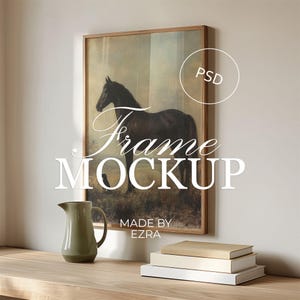 Neutral Frame Mockup with Reflection, Minimal Shelf Interior Mockup with Books and Jug, JPG PSD Photoshop Smart Object, Art Display Template