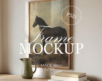 Neutrales Rahmenmockup mit Spiegelung, minimales Regalinnenraum-Mockup mit Büchern und Krug, JPG PSD Photoshop Smart-Objekt, Art Display Template