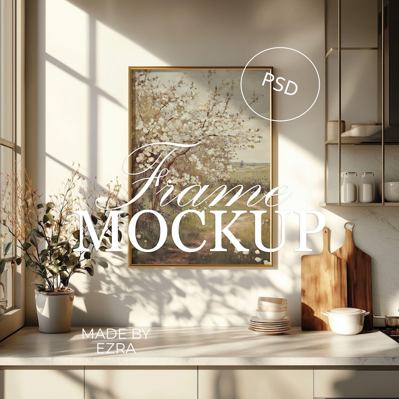 Gold Frame Mockup, Kitchen Poster Mockup, 2x3 Vertical Frame PSD for Photoshop, Smart Object JPG Art Display, Wall Mockup Template | 05 image 1