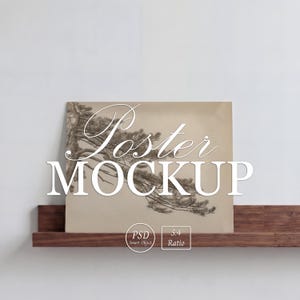 May include: A rectangular poster mockup featuring a beige background with a dark brown line drawing of a pine tree branch. The text "Poster MOCKUP" is overlaid in white, with smaller circular badges reading "PSD Smart Object" and "5:4 Ratio".