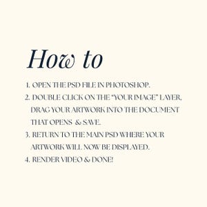 May include: Cream-colored background with the words "How to" in a dark blue, elegant font. Below, numbered steps explain how to open a PSD file in Photoshop, drag artwork, and render a video.