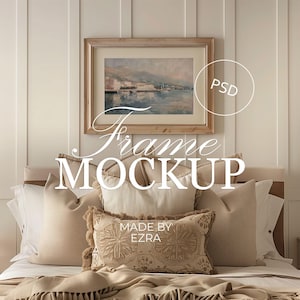 Neutral Bedroom Wood Frame Mockup, Cozy Pillow Horizontal Wall Art Scene, 2x3 PSD JPG Photoshop Smart Object Display, Wall Art Template | 38