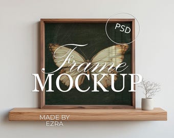 Minimalist Floating Shelf Frame Mockup, Thin Square Wood Frame Wall Mockup with Reflection, PSD JPG Photoshop Smart Object Poster Mockup
