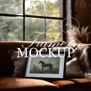 Rustic Sofa Black Frame Mockup, 2x3 Horizontal Matte Frame Mockup, Moody Autumn Window Light Scene, PSD JPG Photoshop Smart Object Mockup