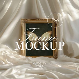 Ornate Gold Frame Mockup, Silk Drape Poster PSD, 4x5 Frame PSD for Photoshop, Smart Object JPG Art Display, Wall Mockup Template | 01