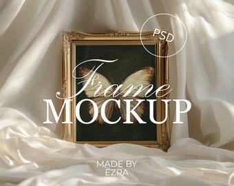 Ornate Gold Frame Mockup, Silk Drape Poster PSD, 4x5 Frame PSD for Photoshop, Smart Object JPG Art Display, Wall Mockup Template | 01