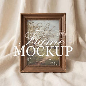 Carved Wood Frame Mockup: Vintage Standing Vertical on Draped Linen, Realistic DIN A PSD Template, Photoshop Photopea Smart Object 5x7