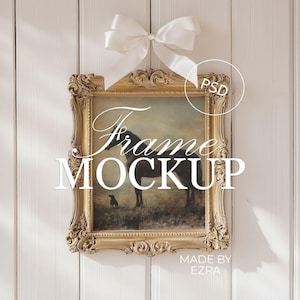 Gold Bow Frame Mockup, Cottagecore Wall Poster PSD, 4x5 Frame PSD for Photoshop, Smart Object JPG Art Display, Ribbon Mockup Template | 21