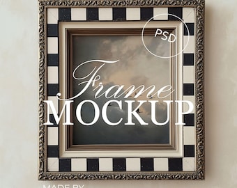 Checkered Frame Mockup, Vintage Wall Poster PSD, 4x5 Frame PSD for Photoshop, Smart Object JPG Art Display, Retro Mockup Template | 19