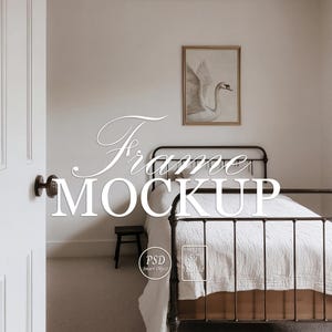 May include: A bedroom mockup featuring a bed with a white quilt, a framed swan print, and a small black stool. The words "Frame Mockup" are displayed in a decorative font. The image is a 5:7 ratio and includes a PSD Smart Object label.