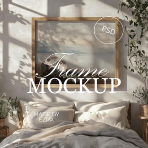 Wood Bedroom Frame Mockup, Cozy Wall Poster PSD, 4x3 Frame PSD for Photoshop, Smart Object JPG Art Display, Wall Mockup Template | 16