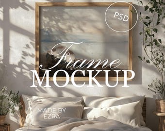 Wood Bedroom Frame Mockup, Cozy Wall Poster PSD, 4x3 Frame PSD for Photoshop, Smart Object JPG Art Display, Wall Mockup Template | 16