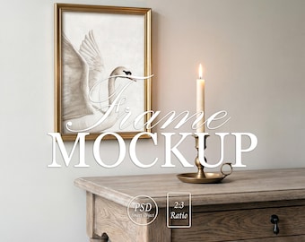 Ornate Gold Frame Mockup: Beaded Detail Over Oak Console With Brass Candle, Realistic DIN A PSD, Photoshop Photopea Smart Object 2x3