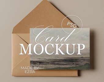 Simple Card & Envelope Mockup, Minimal Stationery Display, 5x7 Horizontal Card Mockup for Wedding Invitations, PSD JPG Smart Object Template