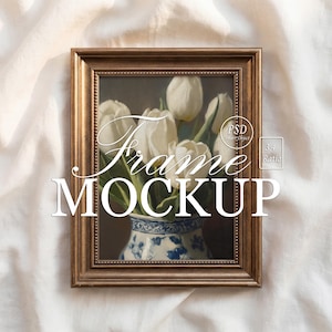 Makieta ramki z koralikami w kolorze antycznego mosiądzu: pionowo na płaskiej tkaninie lnianej, realistyczny szablon PSD, obiekt Smart Object 3x4 w Photoshopie Photopea