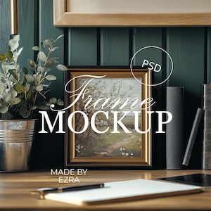 Gold Desk Frame Mockup, Moody Office Poster Mockup, 4x5 Frame PSD for Photoshop, Smart Object JPG Art Display, Wall Mockup Template | 09