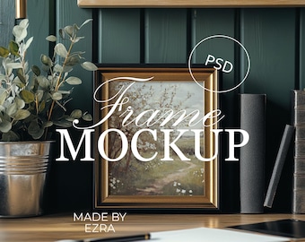 Gold Desk Frame Mockup, Moody Office Poster Mockup, 4x5 Frame PSD for Photoshop, Smart Object JPG Art Display, Wall Mockup Template | 09