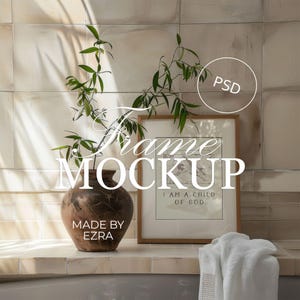 Natural Bathroom Frame Mockup PSD, Earthy Ceramic Decor Mockup Scene with Shadows, 4x5 Photoshop Smart Object JPG, Art Display Template | 36