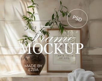 Natural Bathroom Frame Mockup PSD, Earthy Ceramic Decor Mockup Scene with Shadows, 4x5 Photoshop Smart Object JPG, Art Display Template | 36