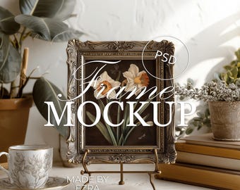 Vintage Frame Mockup, Ornate Gold Frame Display, 4x5 Antique Floral Wall Art Frame, PSD JPG Smart Object for Photoshop Mockup Template