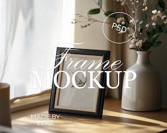 Black Desk Frame Mockup, Soft Light Vertical Poster Mockup, 2x3 Frame PSD for Photoshop, Smart Object JPG Art Display, Wall Template | 08