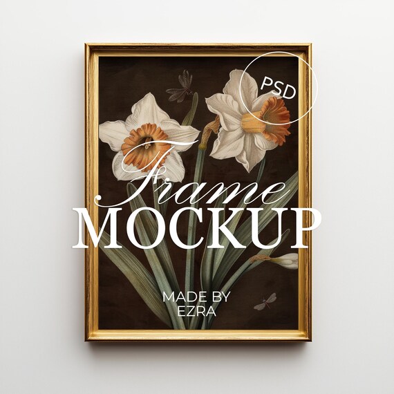 Gold Wall Frame Mockup, Minimal Vertical Poster Mockup, 3x4 Frame PSD for Photoshop, Smart Object JPG Art Display, Wall Mockup Template | 06